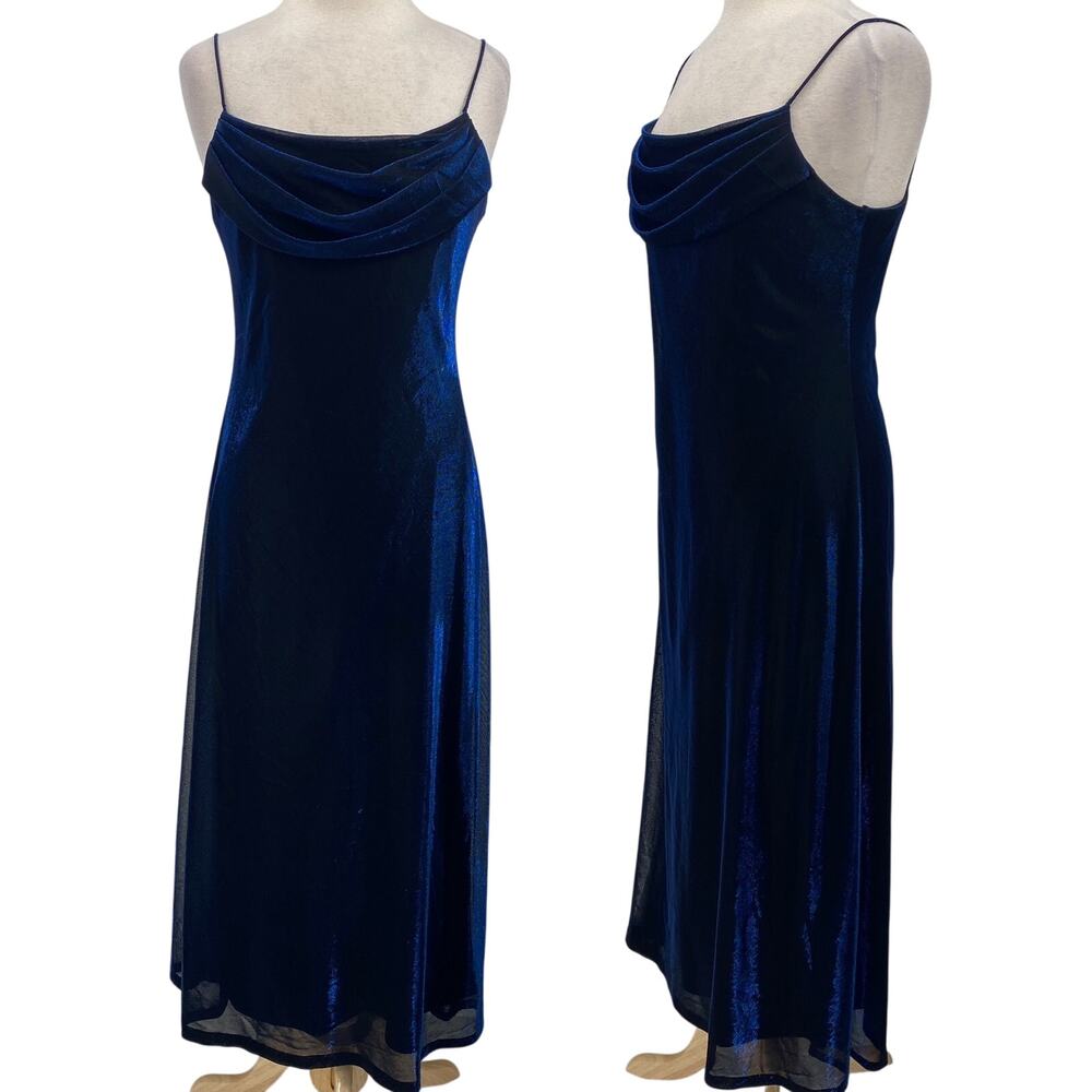 Vintage 90s Metallic Mesh Maxi Gown Cowl Neck Slip Dress Blue Womens 8 Petite
